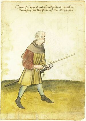 Büttel mit Büttelstab, 1429 (Stadtbibliothek im Bildungscampus Nürnberg, Amb. 317.2° Folio 50 recto, Hausbücher der Mendelschen Zwölfbrüderstiftung in Nürnberg).