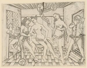 Bei der Abbildung handelt es sich um einen Kupferstich des Meisters mit den Bandrollen aus der Zeit um 1460 bis 1475. In einem Zimmer sitzt ein junger, elegant gekleideter Mann auf einer Bank. Links von ihm steht vor einem Fenster ein Tisch. Darauf steht Geschirr wie eine Karaffe und ein Becher. Vor dem Mann auf dem Boden schläft ein kleiner Hund. Rechts neben dem Mann sitzt eine unbekleidete Frau mit einem Tuch um die Lende. Der Mann und die Frau berühren sich gegenseitig mit den Händen. Neben der sitzenden Frau steht eine weitere nackte Frau. Sie trägt ebenfalls ein Tuch, das die Lenden bedeckt. In der rechten Hand hält sie ein Spruchband und in der linken einen Becher. Rechts von ihr steht im Türrahmen eine Person, die als Narr verkleidet ist. Sie hält sich die rechte Hand vor das Gesicht und hält in der linken Hand einen Narrenstab.