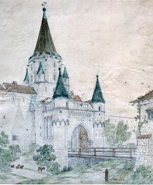 Vor dem Tor ist der Graben mit Brücke vor der Aufschüttung zu sehen.