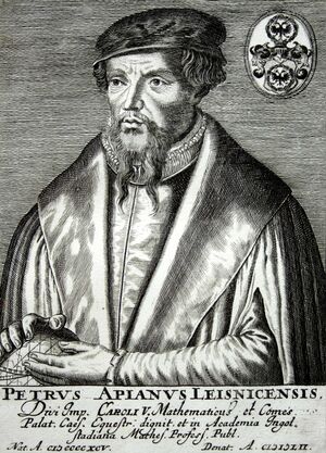 Bildunterschrift: Petrus Apianus Leisnicensis. Divi Imp. Caroli V. mathematicus et comes palat. caes. equestr. dignit et in academia Ingolstadiana mathes. profess. publi.