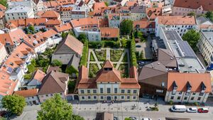 Alte Anatomie von oben mit botanischem Garten und Neubau, Straße und weitere Gebäude