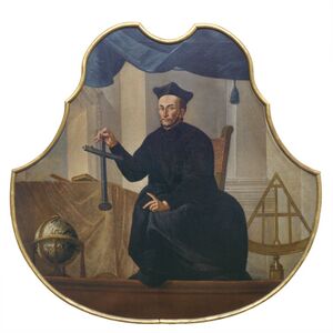 Der Astronom Johann Baptist Cysat sitzt auf einem Stuhl in einem Raum mit astronomischen Geräten.